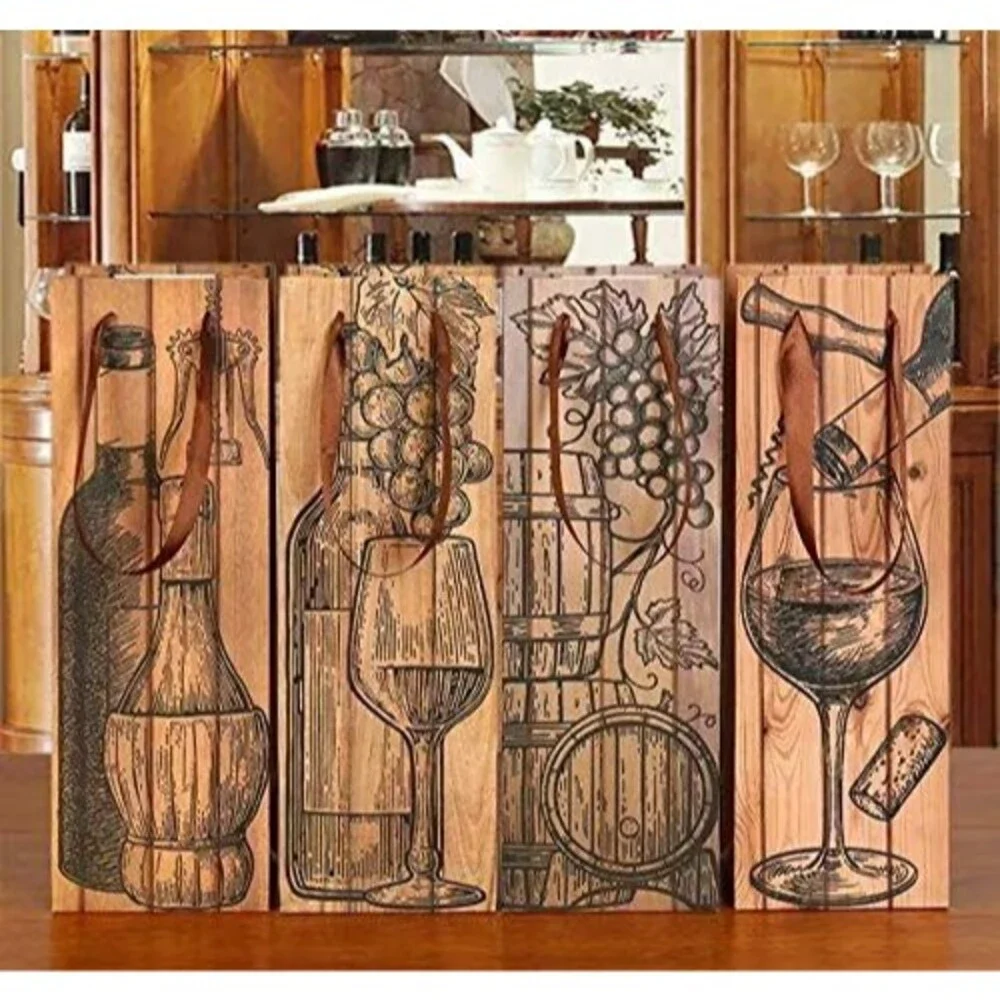 Set of 4 Elegant Wine Gift Bags w/ Bonus Corkscrew Bottle - Printed Luxury Bags